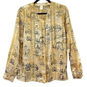 Martinique Vintage Style Print Women‎ Blouse Top Size 12 Long Sleeve Yellow